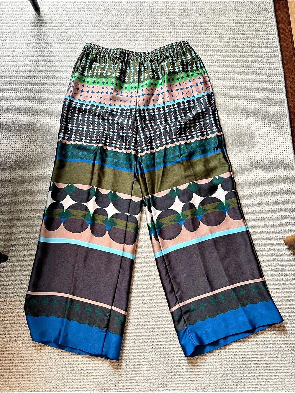 Zara Women's Geometric Wide Leg Pants Green & Black